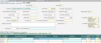 screenshot of quote and sales order screen